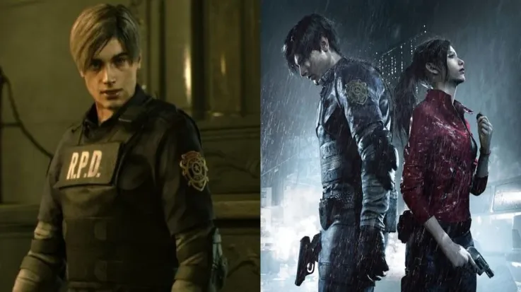 A-split-image-of-Leon-S.-Kennedy-in-his-uniform-and-Leon-and-Claire-standing-in-the-rain-in-Resident-Evil-2-remake.webp